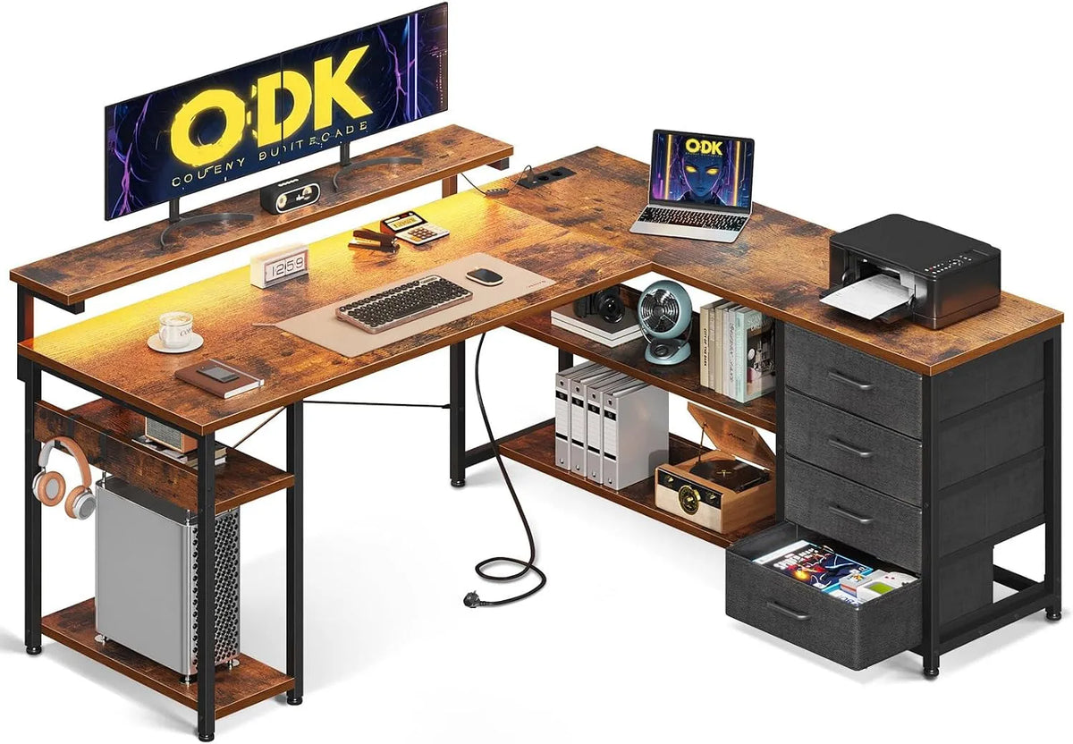 Biurko i stół komputerowy: w kształcie litery L, z szufladami, z biurkiem, z portem USB, 135 × 110 cm, z oświetleniem LED