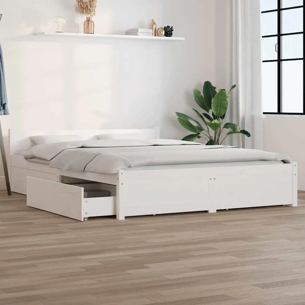 Rama łóżka i konstrukcja łóżka biała 135 x 190 cm z litego drewna – z drewna, z szufladami, 135 × 190 cm, biały, tapicerka materiałowa