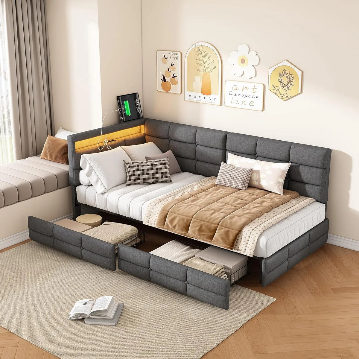 Sofa – z szufladami, z portem USB, wyświetlacz LED, 2 szuflad, 90 × 200 cm, 2, 90 × 200, szary