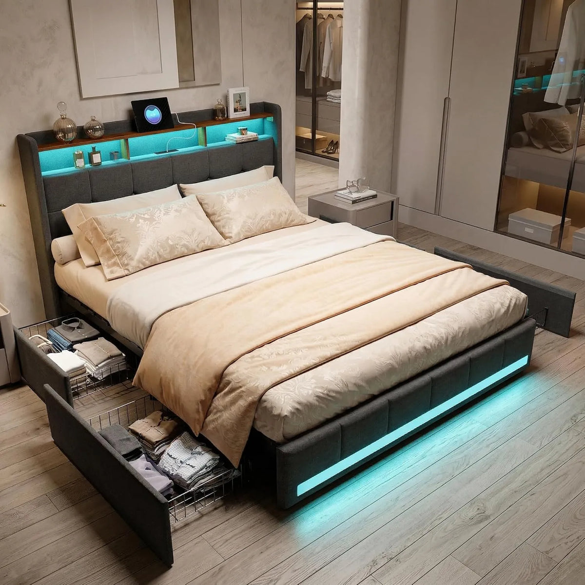 Tapicerowane łóżko podwójne 140 x 200 cm – z szufladami, z portem USB, wyświetlacz LED, 4 szufladami, 140 × 200 cm, tapicerka materiałowa