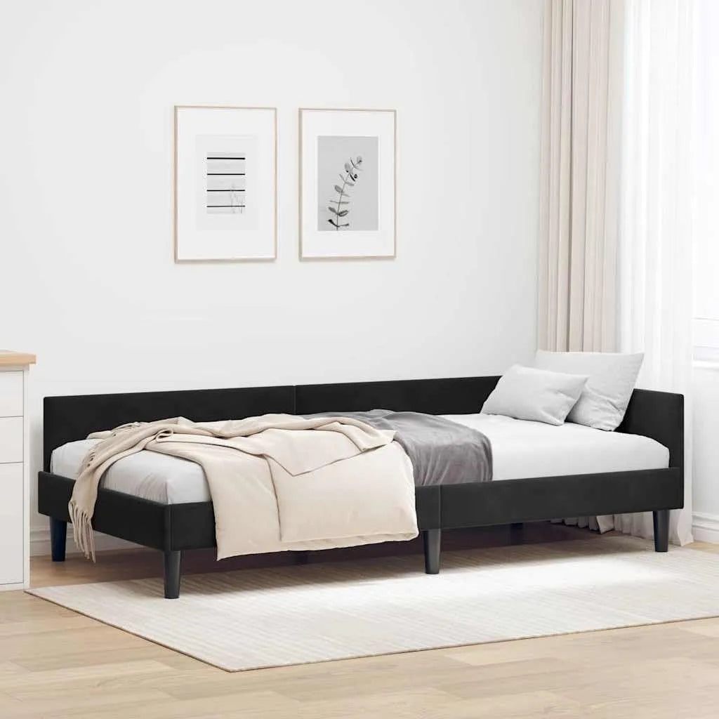 Łóżko dzienne i łóżko dla gości w kształcie litery L – tapicerka aksamitna, 90 cm, 200 cm, czarny, tapicerka materiałowa