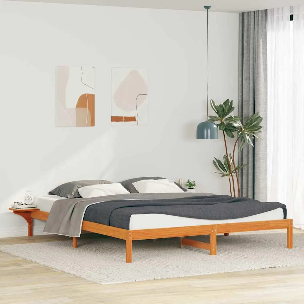 Rama łóżka i konstrukcja łóżka z litego drewna sosnowego z platformą i wbudowanymi — z drewna, 200 × 210 cm