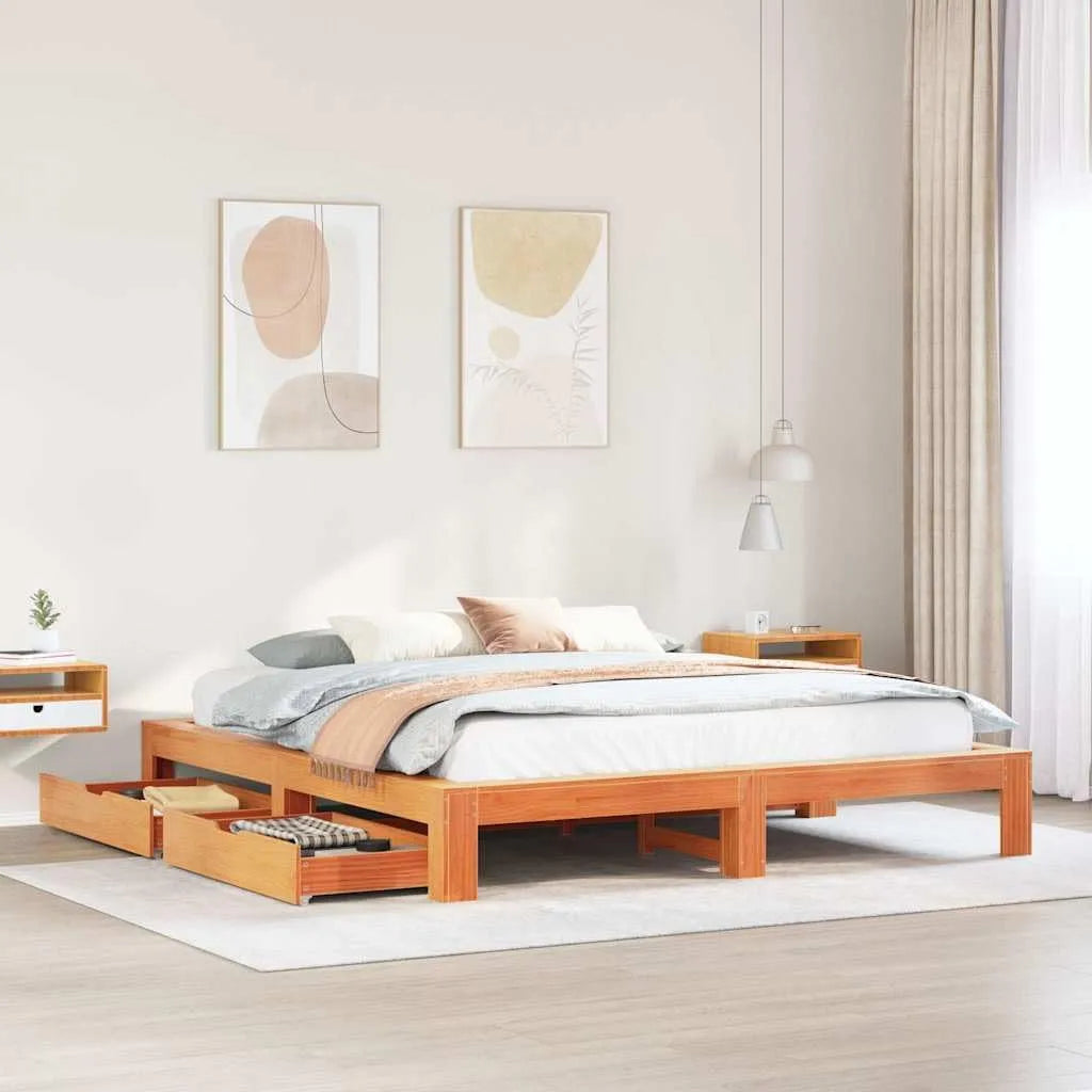 Łóżko z litego drewna – z drewna, z szufladami, 200 × 200 cm, tapicerka materiałowa