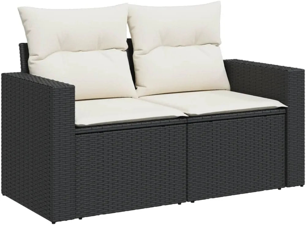 Sofa ogrodowa i sofa wypoczynkowa na taras: z poduszkami, z technorattanu, 2-osobowa, czarny