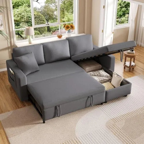 Sofa – w kształcie litery L, z funkcją spania, 3-osobowa, szary