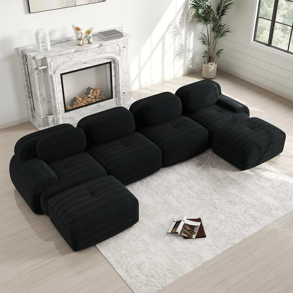 Sofa narożna — modułowa konstrukcja, w kształcie litery U, ze sztruksu, 74 cm, czarny