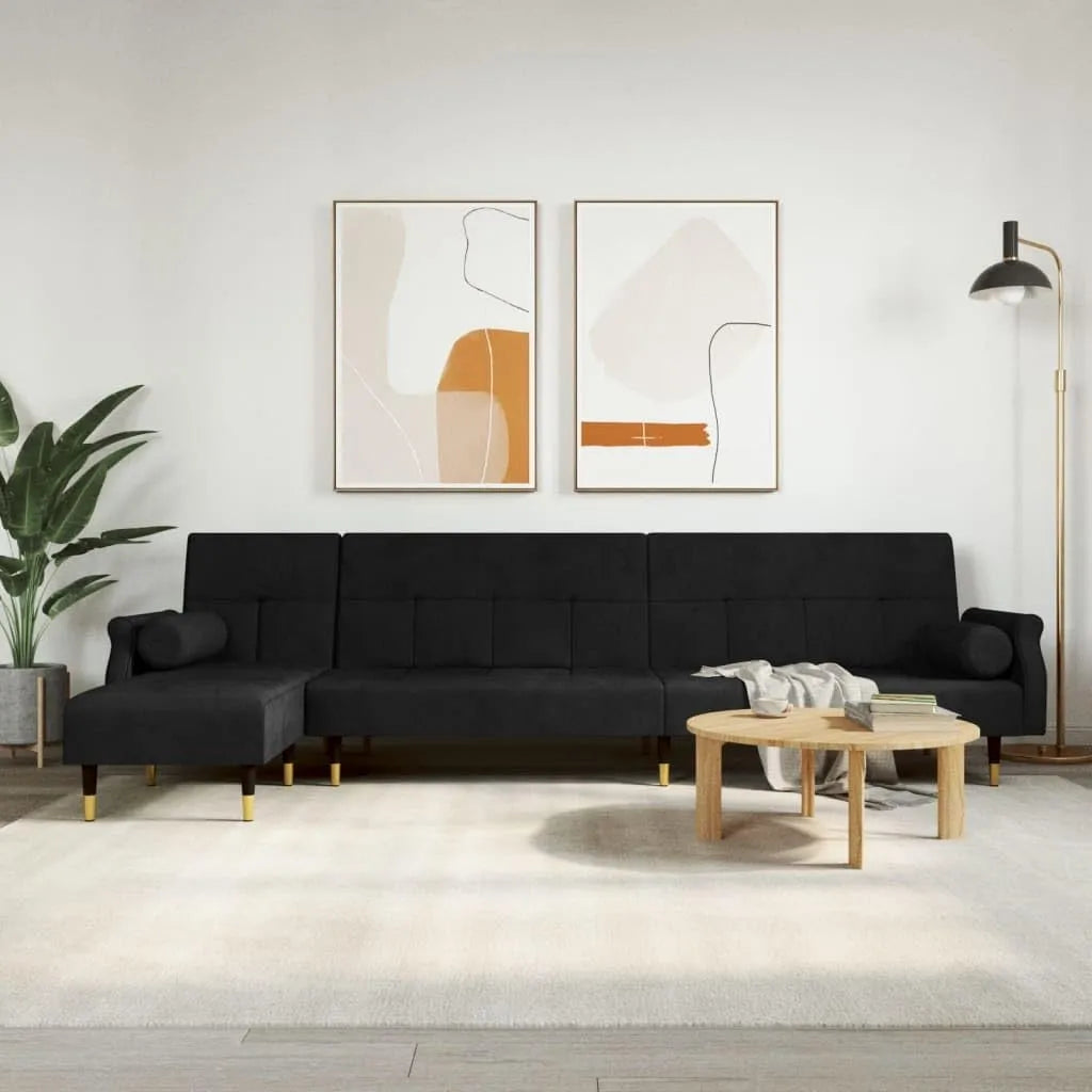 Sofa – w kształcie litery L, z funkcją spania, tapicerka aksamitna, 271 × 140 × 70 cm, czarny