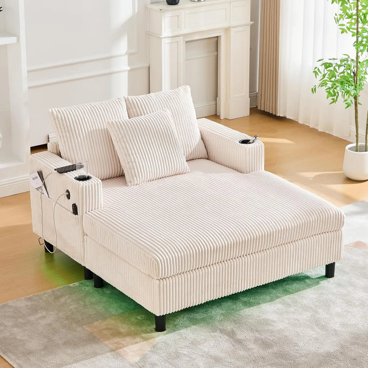Sofa — z funkcją spania, z portem USB, tapicerka aksamitna, wyświetlacz LED, beżowy