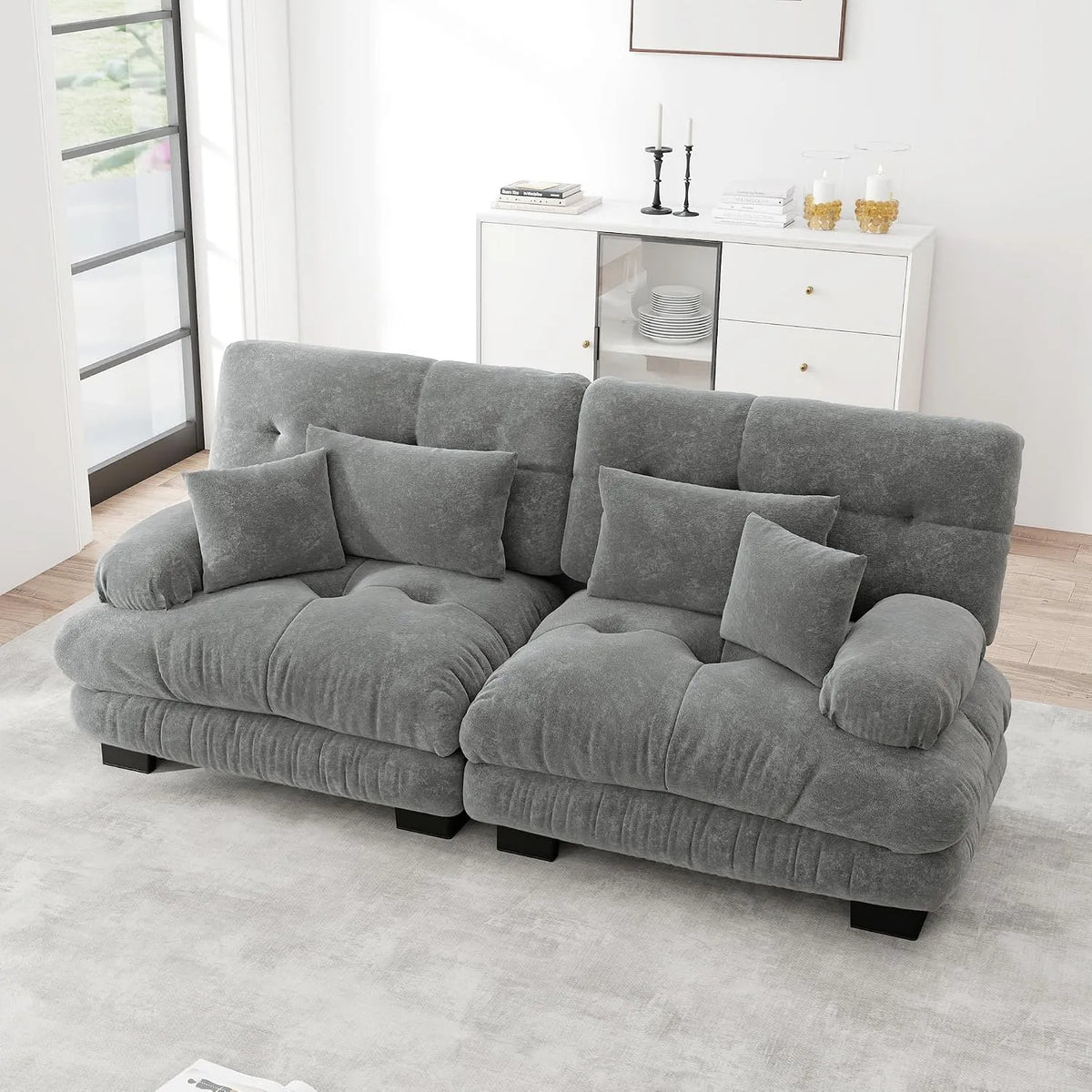 Sofa narożna — z tkaniny szenilowej, z poduszkami, 2-osobowy, szary