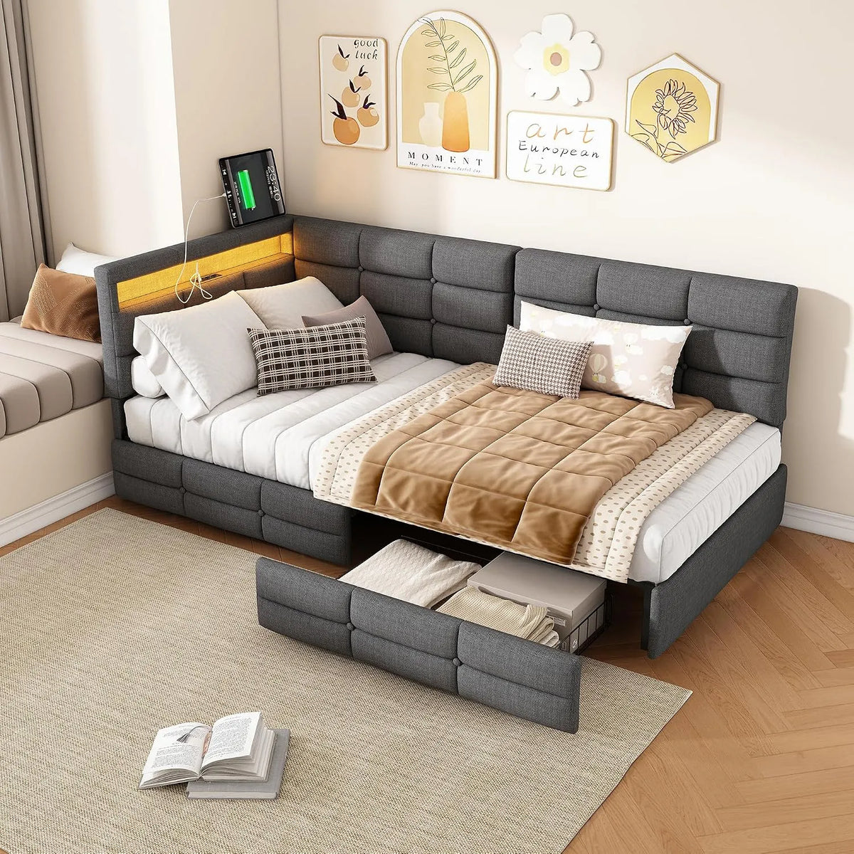 Łóżko tapicerowane i rama łóżka z obiciem – w kształcie litery L, z szufladami, z funkcją spania, z portem USB, 90 × 200 cm, z oświetleniem LED
