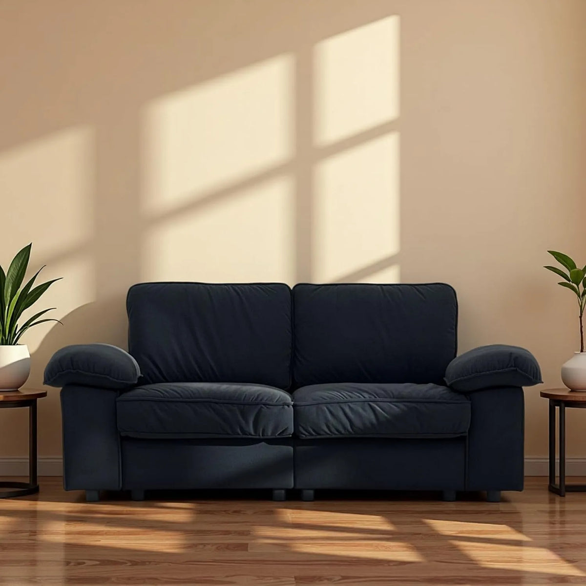 Sofa: tapicerka materiałowa, z drewna, kompaktowa konstrukcja, z podłokietnikami, 2-osobowa, czarny, tapicerka materiałowa