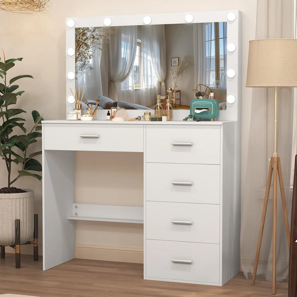 Toaletka i stolik do makijażu do makijażu z lustrem i przyciemnianym światłem: J1850, z szufladami, 5 szufladami, 36 × 80 × 131 cm, biały