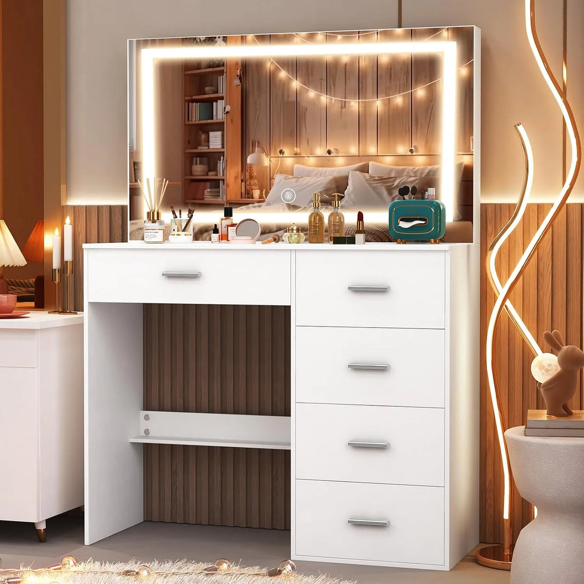 Toaletka i stolik do makijażu z lustrem LED i oświetleniem: z szufladami, regulowana konstrukcja, wyświetlacz LED, 5 szuflad, 80 × 36 × 130 cm, biały