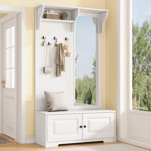 vutizal Wieszak na garderobę z lustrem – kompaktowa konstrukcja, 100 × 40 × 180 cm, biały