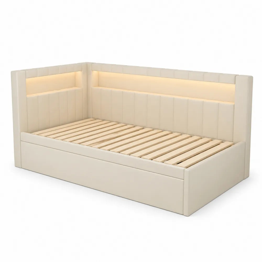Łóżko tapicerowane z oświetleniem LED i szufladą z ekoskóry 200x90 cm