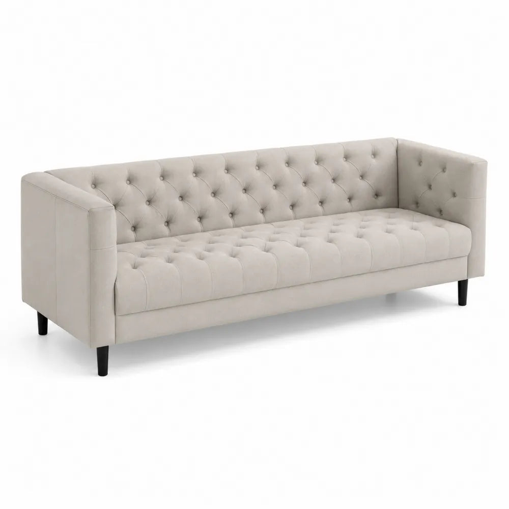 Sofa 3-osobowa z weluru beżowa z drewnianymi nogami