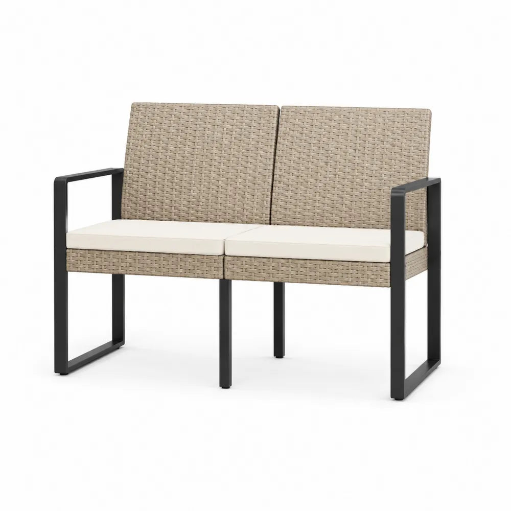 Sofa ogrodowa z metalowymi podłokietnikami i technorattanem