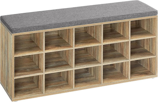 VASAGLE LHS015T60 Ławka na buty — z półkami, z poduszkami, regulowana konstrukcja, 30 × 105 × 48 cm, szary, z półkami