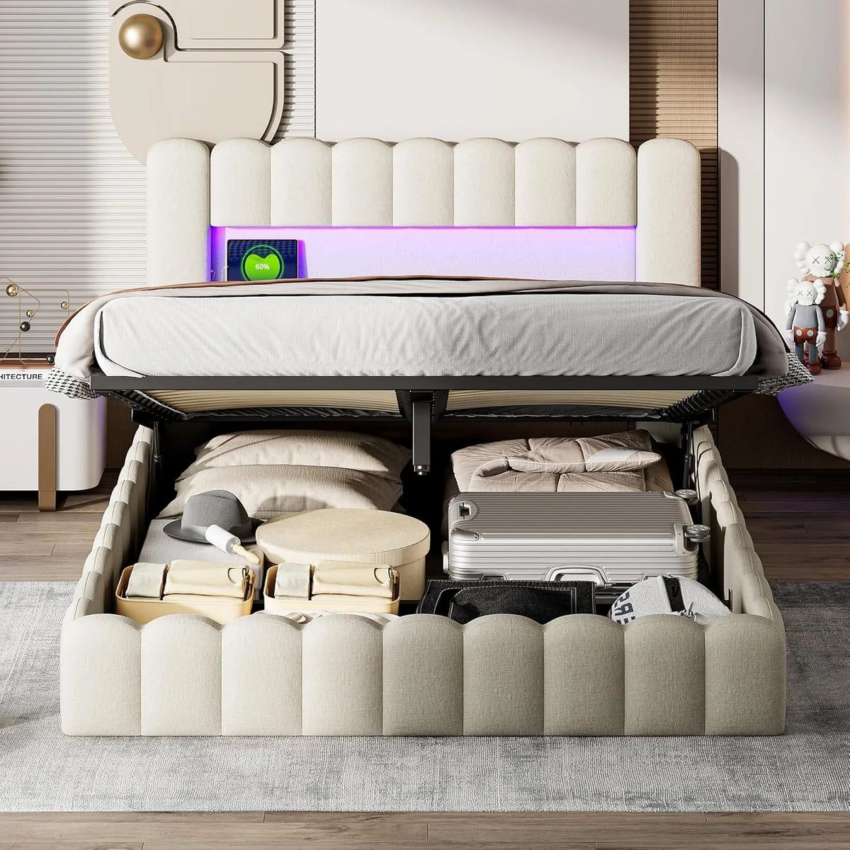 Łóżko tapicerowane i rama łóżka z obiciem: z portem USB, wyświetlacz LED, 2-osobowe, 180 × 200 cm, beżowy