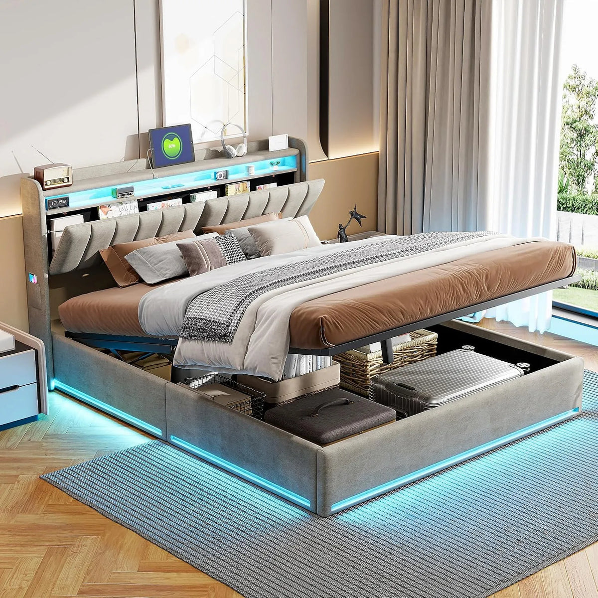 Łóżko tapicerowane i rama łóżka z obiciem: z portem USB, wyświetlacz LED, 140 × 200 cm, tapicerka materiałowa