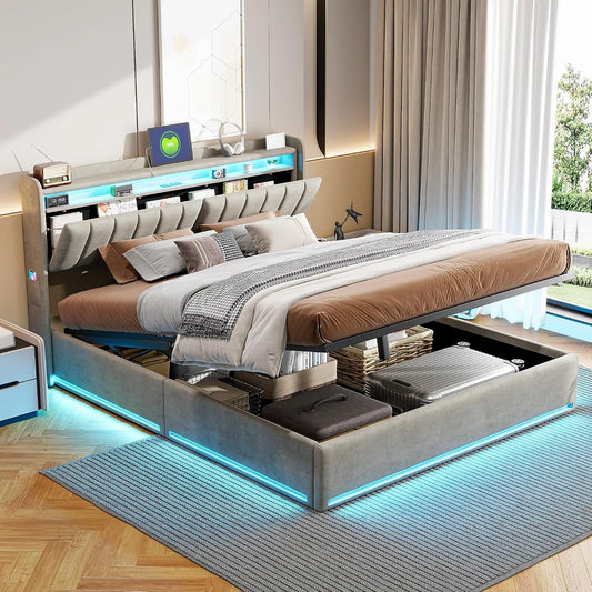 Łóżko tapicerowane i rama łóżka z obiciem: z portem USB, wyświetlacz LED, 140 × 200 cm, tapicerka materiałowa