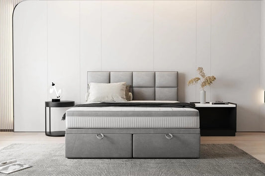 Łóżko kontynentalne 140 x 200 cm z materacem kieszonkowym Tropea — szare, 140 × 200 cm, szary