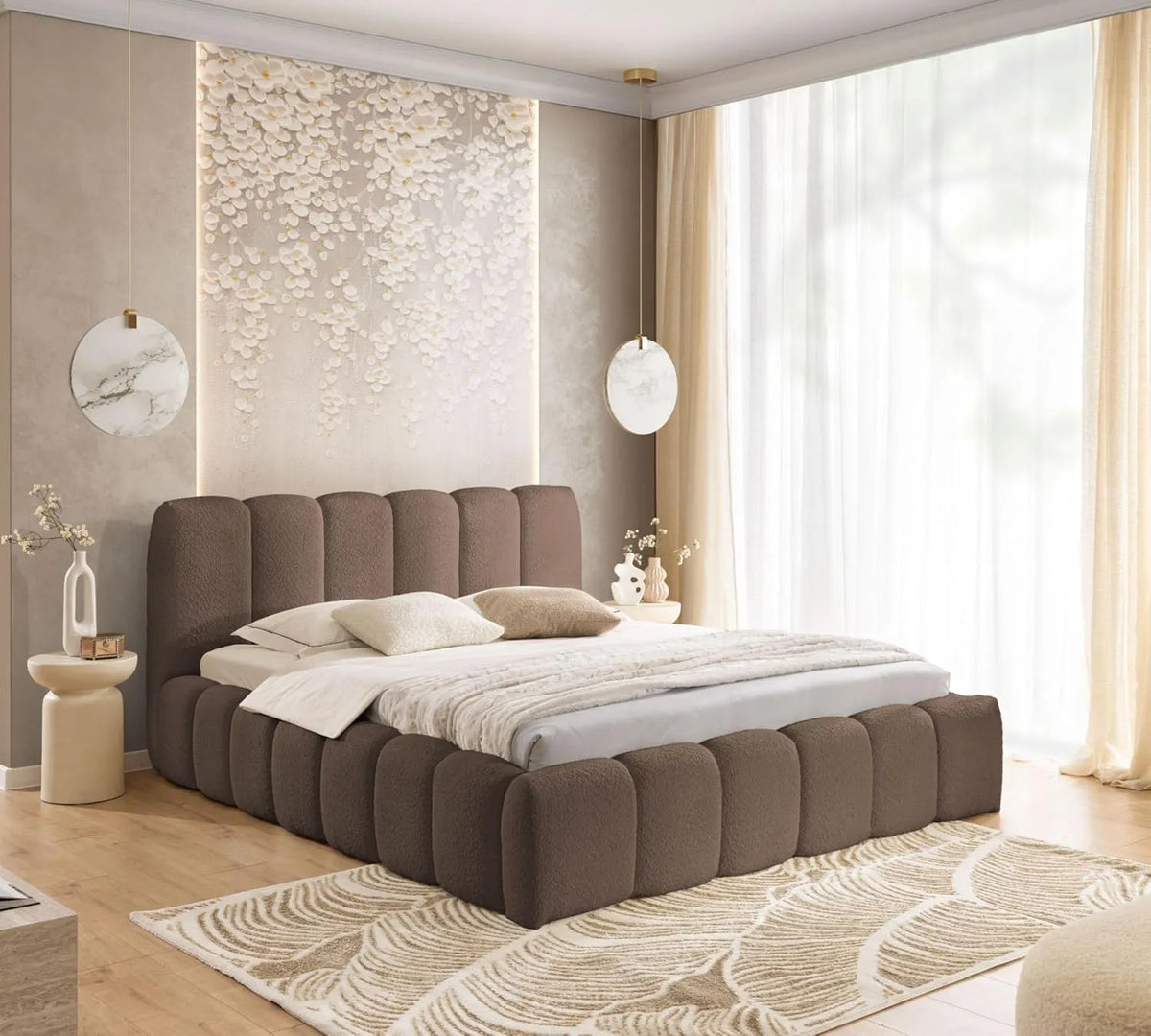 Łóżko tapicerowane i rama łóżka z obiciem: MIA, 180 × 200 cm, brązowy, tapicerka materiałowa