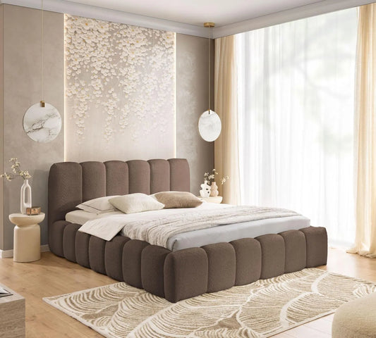 Łóżko tapicerowane i rama łóżka z obiciem: MIA, 180 × 200 cm, brązowy, tapicerka materiałowa