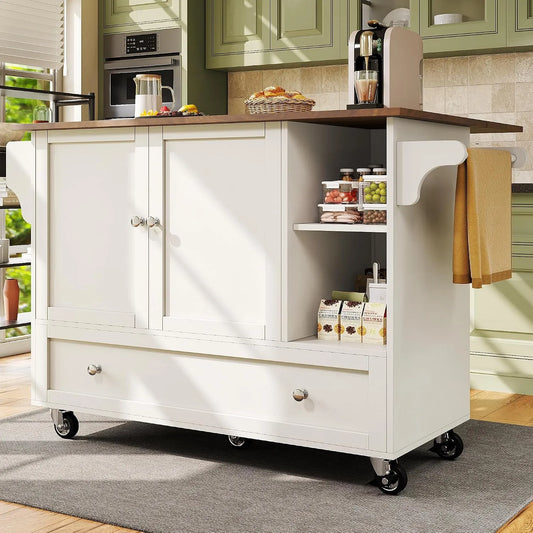 Wyspa kuchenna ze składanym blatem roboczym — z szufladami, składana konstrukcja, regulowana konstrukcja, na kółkach, 128 × 71 × 92, 5 cm, biały