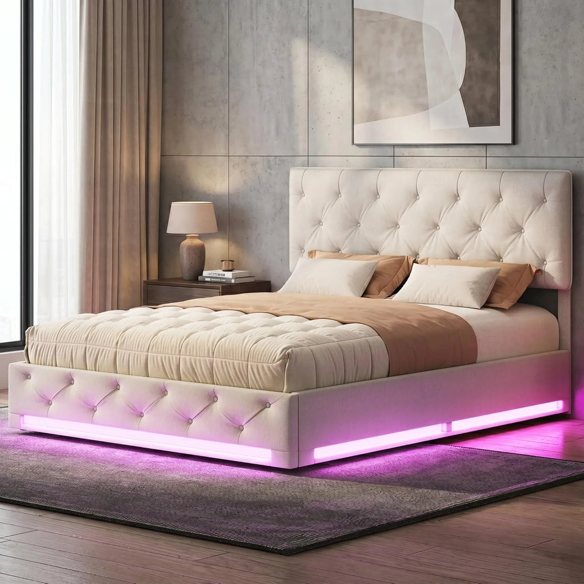 Łóżko tapicerowane i rama łóżka z obiciem: wyświetlacz LED, 140 × 200 cm, beżowy, tapicerka materiałowa