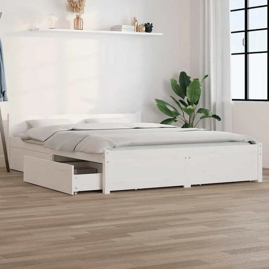 Rama łóżka i konstrukcja łóżka biała 135 x 190 cm z litego drewna – z drewna, z szufladami, 135 × 190 cm, biały, tapicerka materiałowa
