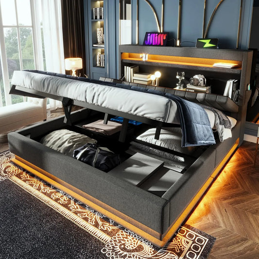Łóżko tapicerowane i rama łóżka z obiciem — z portem USB, wyświetlacz LED, 140 × 190 cm, szary