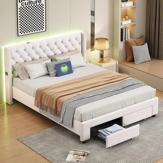 Łóżko tapicerowane i rama łóżka z obiciem — z szufladami, z portem USB, wyświetlacz LED, 2 szufladami, 140 × 190 cm, beżowy, tapicerka materiałowa
