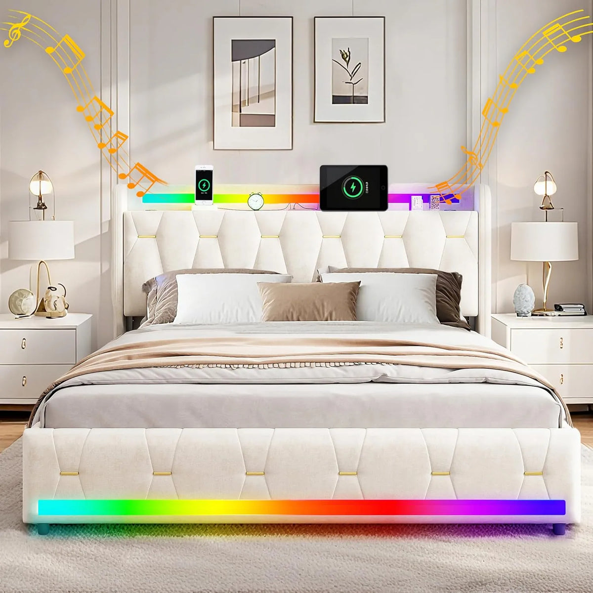 Łóżko tapicerowane i rama łóżka z obiciem — z drewna, z szufladami, z portem USB, tapicerka aksamitna, 4 szufladami, 140 × 200 cm, beżowy