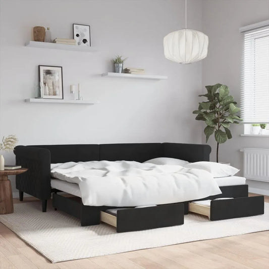 Sofa – z szufladami, tapicerka aksamitna, 90 × 200 cm, czarny