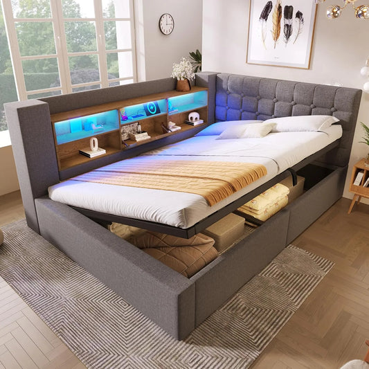 Łóżko tapicerowane i rama łóżka z obiciem – w kształcie litery L, wyświetlacz LED, 140 × 190 cm