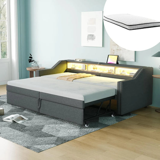 Łóżko tapicerowane i rama łóżka z obiciem – z funkcją spania, z portem USB, wyświetlacz LED, 180 × 200 cm, rozkładana konstrukcja