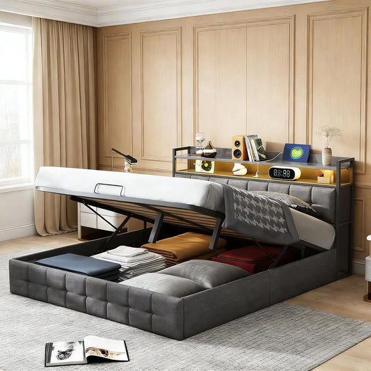 Łóżko tapicerowane i rama łóżka z obiciem — z portem USB, wyświetlacz LED, 140 × 190 cm