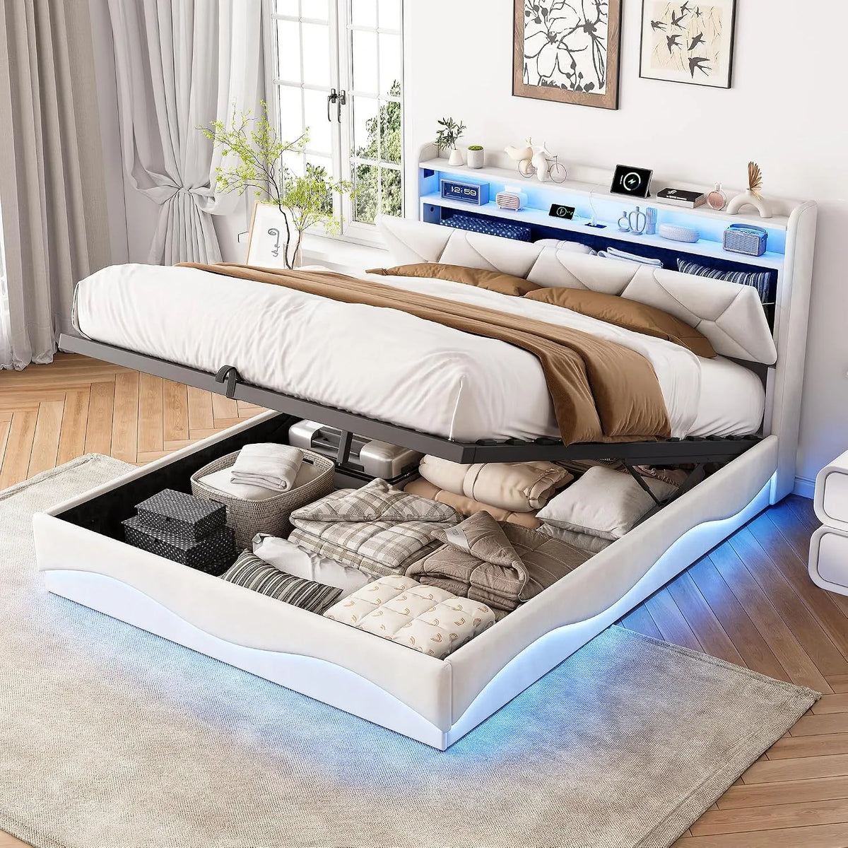 Łóżko tapicerowane i rama łóżka z obiciem — z portem USB, wyświetlacz LED, 140 × 200 cm