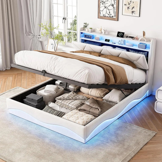 Łóżko tapicerowane i rama łóżka z obiciem — z portem USB, wyświetlacz LED, 140 × 200 cm