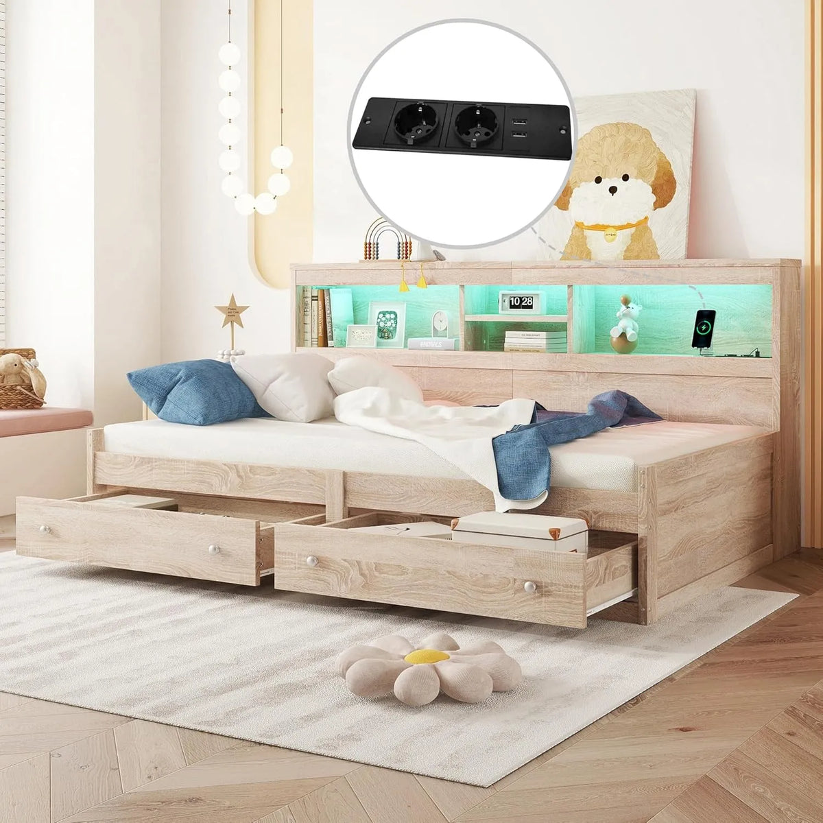 Sofa — z funkcją spania, z portem USB, wyświetlacz LED, 90 × 200 cm, tapicerka materiałowa
