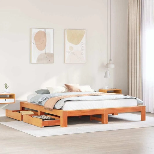 Łóżko z litego drewna – z drewna, z szufladami, 200 × 200 cm, tapicerka materiałowa