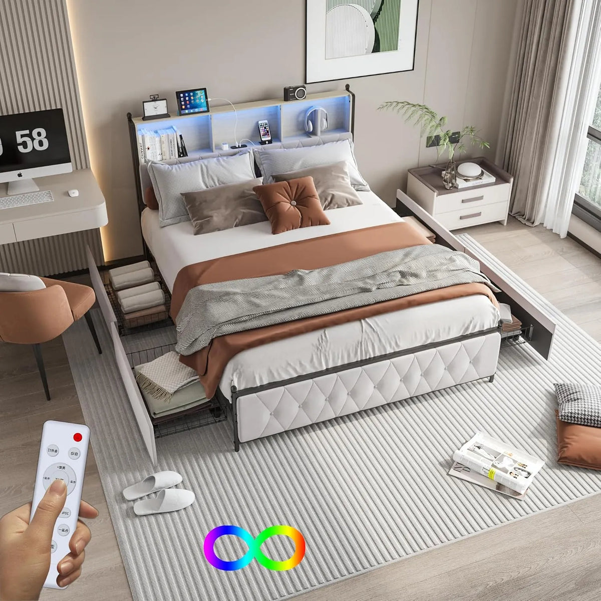 Łóżko tapicerowane i rama łóżka z obiciem – z szufladami, z portem USB, tapicerka aksamitna, wyświetlacz LED, 2-osobowe, 4 szufladami, 180 × 200 cm
