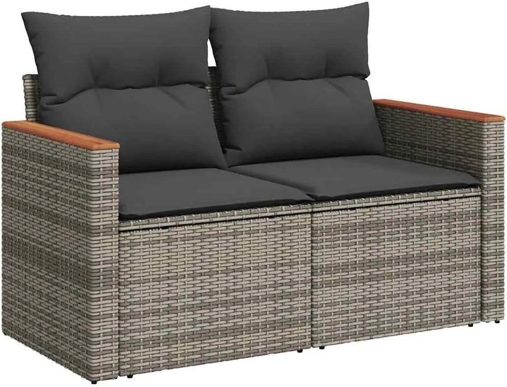 Sofa ogrodowa i sofa wypoczynkowa na taras – z poduszkami, z technorattanu, 2-osobowa, szary