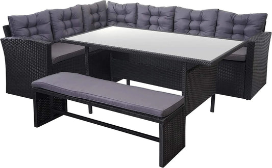 Mendler Zestaw mebli ogrodowych i komplet wypoczynkowy z polirattanu HWC-A29 – z poduszkami, z technorattanu, czarny