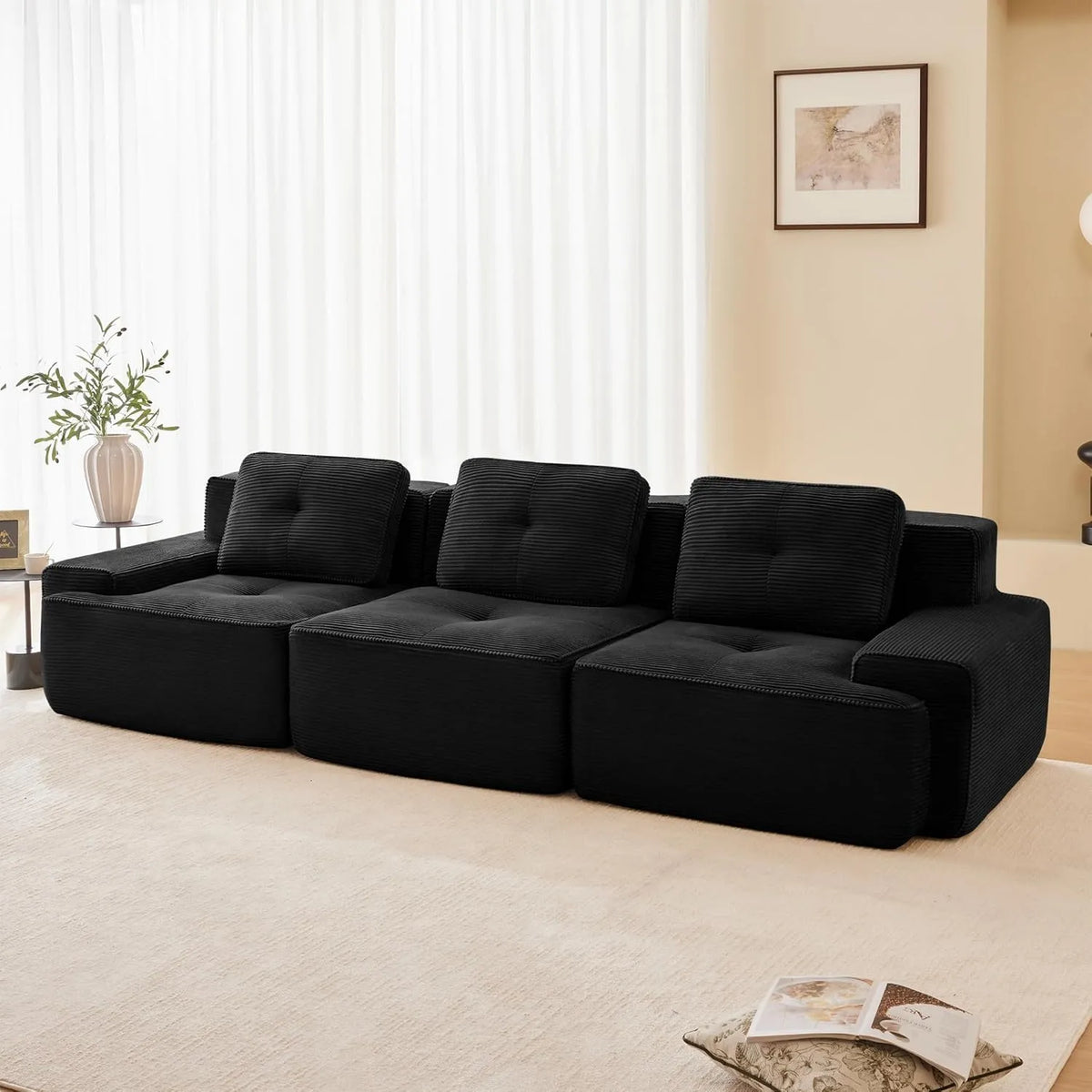 Sofa narożna – Cord, modułowa konstrukcja, głębokie siedzisko, ze sztruksu, 3-osobowa, czarny