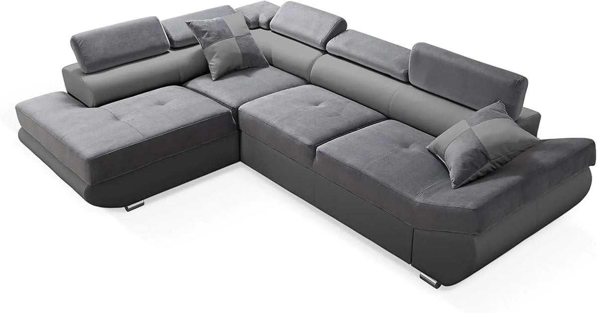 Sofa narożna: w kształcie litery L, wolnostojący, z funkcją spania, z poduszkami, regulowana konstrukcja