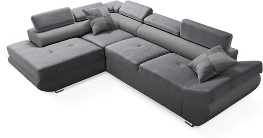 Sofa narożna: w kształcie litery L, wolnostojący, z funkcją spania, z poduszkami, regulowana konstrukcja