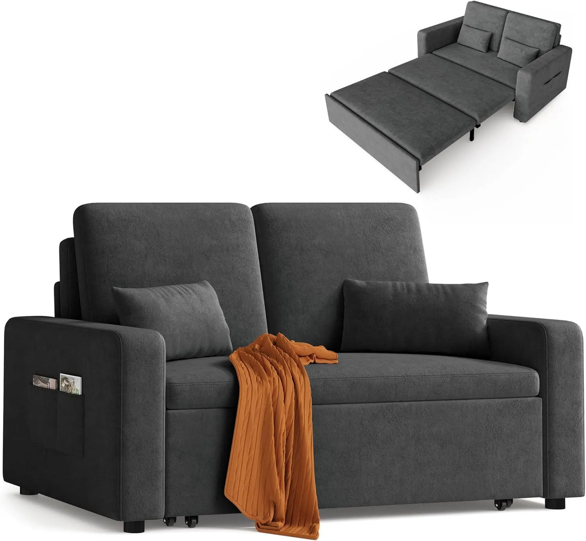 Sofa — z funkcją spania, tapicerka aksamitna, na kółkach, 2-osobowa, 147 × 196 × 87 cm
