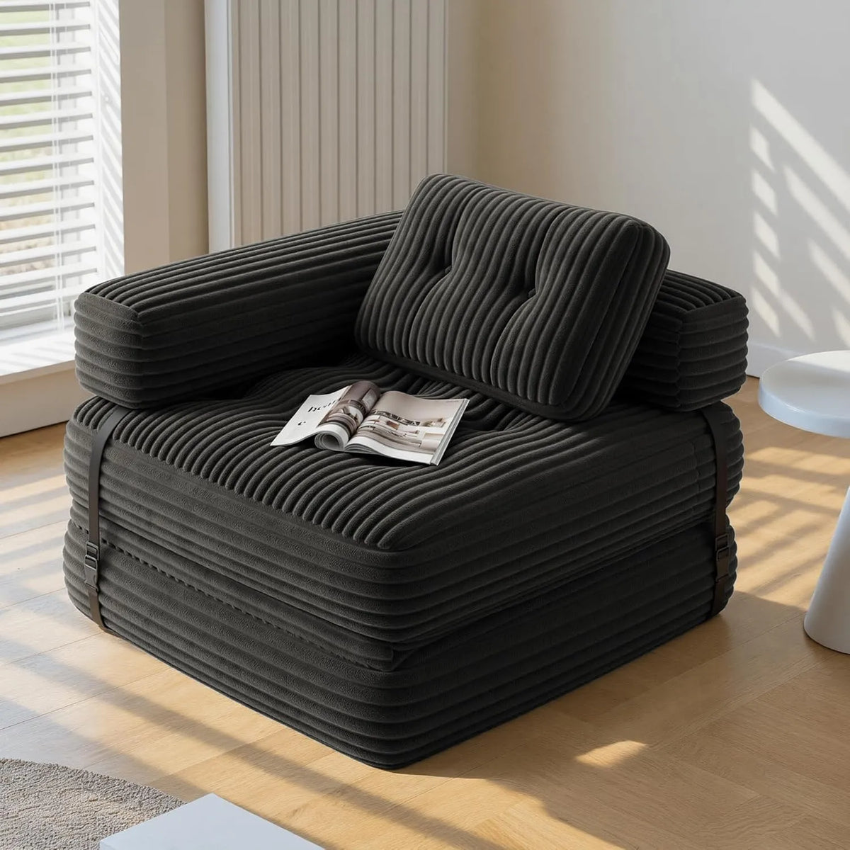 Sofa — w kształcie litery L, ze sztruksu, tapicerka materiałowa, wypełnienie piankowe, 190 × 85 cm, 2 w, czarny, składana konstrukcja